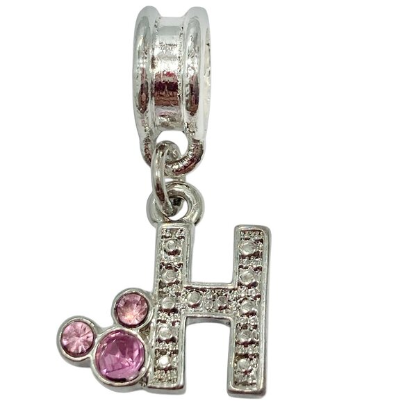 Vtg Disney Pink Crystal Mickey Mouse Ears European Slide Charm Initial Letter H - Picture 1 of 6